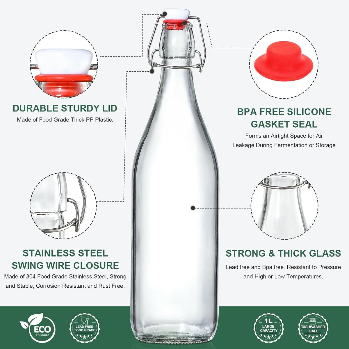 8 PACK [1 Liter/33 fl. oz.] Swing Top Glass Bottles w/ 2 Funnels & Pourers – close-up