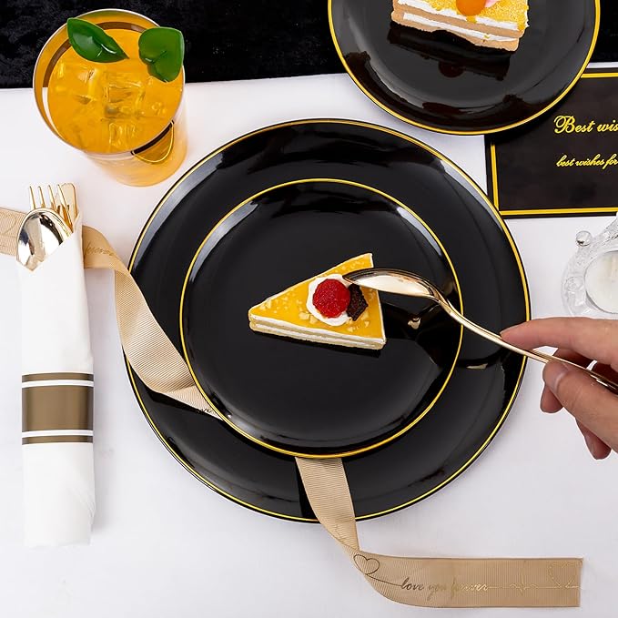 Plates: 9-Inch and 6.3-Inch Black Disposable Plastic Plates with Gold Rim