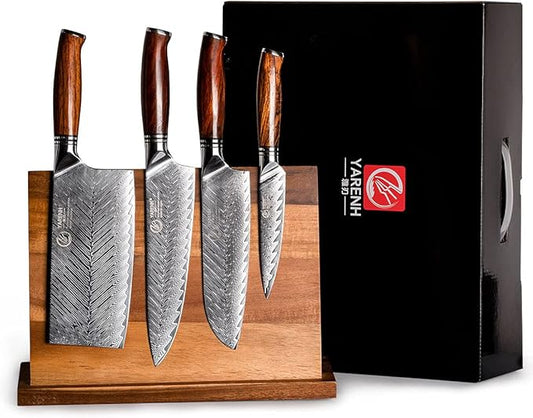 YARENH Knife Set with Magnetic Block 5 Piece, Professional Kitchen Knife Set, 73 Layers Damascus High Carbon Stainless Steel, Natural Sandalwood Handle, Sharp Chef Knife