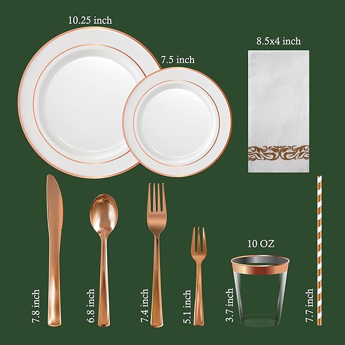 Plastic Dinnerware Set, Rose Gold Rim, 225 Pieces for 25 Guests