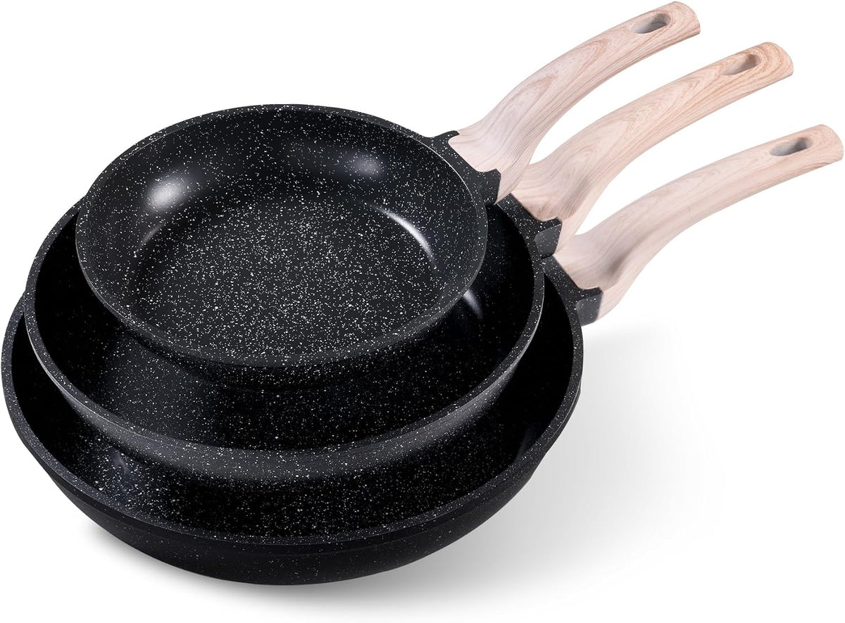 Non Stick Frying Pan, Black 8"+10"+12" Granite Skillet Set