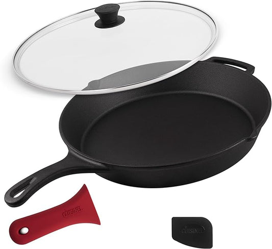 Cuisinel 15" Cast Iron Skillet + Glass Lid Cover + Black Pan Scraper + Silicone Handle Grip Cover - Pre-seasoned Kitchen Cookware - Indoor/Outdoor - Camping, Grilling, BBQ, Oven Use