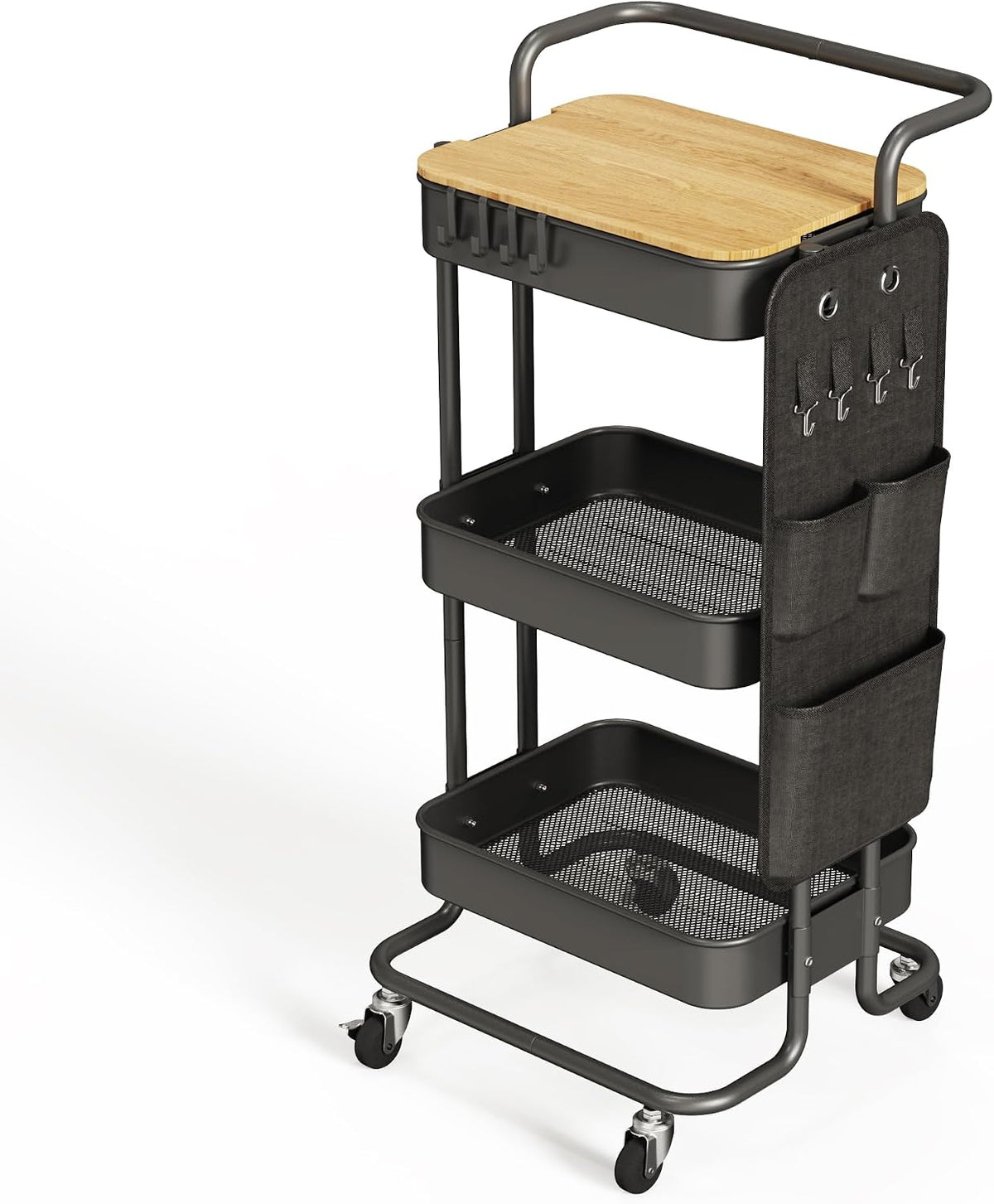 3 Tier Metal Utility Rolling Cart with Table Top and Side Bags, Tray Storage