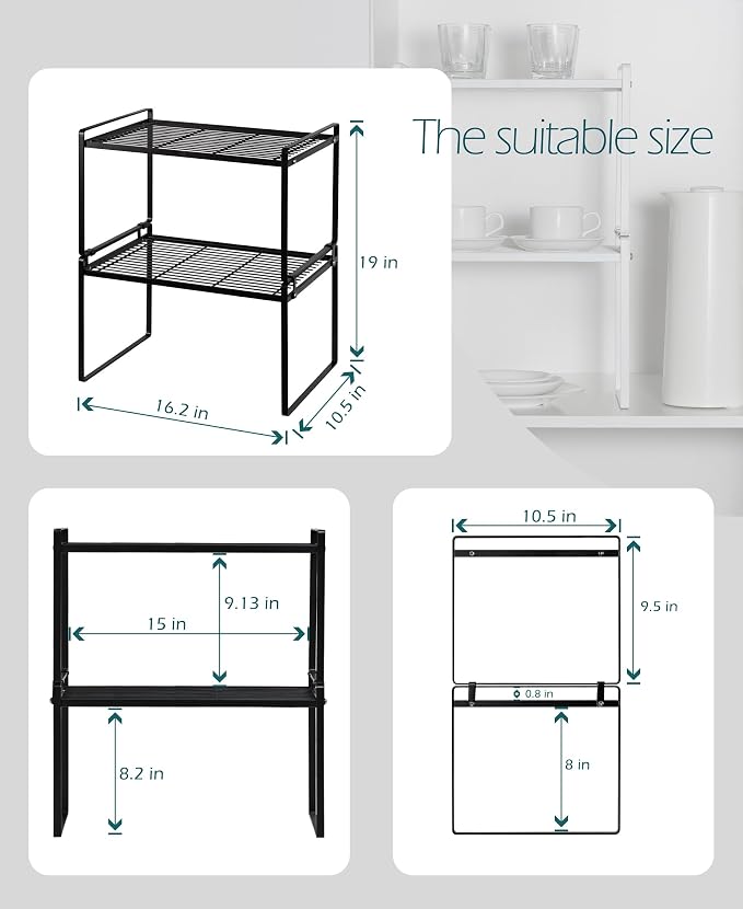 Kitchen Storage Organizer Shelf, Stackable 2-Tier Countertop Rack, Black