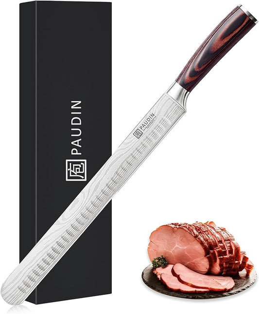 PAUDIN Brisket Knife, 12 Inch Carving Knife Stainless Steel Brisket Slicing Knifes with Granton Edge for Meat Cutting, Roasts, BBQ, Turkey