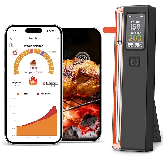 Wireless Bluetooth Smart Meat Thermometer: ±0.5°F Accuracy, 1 Probe with 6 Sensors - WiFi Digital Thermometer with LED Base, NIST Certified Accuracy, Long-Range for BBQ, Grill, Smoker, Oven