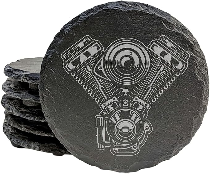 Rev Up Your Ride: V-Twin Engine Coasters for Bikers - Round Slate - Set of 4
