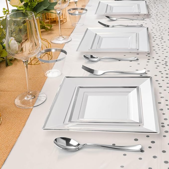 Plates Set, Square Silver Plastic Party Dinnerware for 50 Guests
