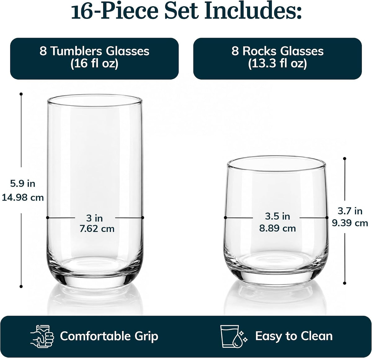 Ascent Tumbler & Rocks Drinking Glasses Set of 16, Clear Glass Cups – alternate view