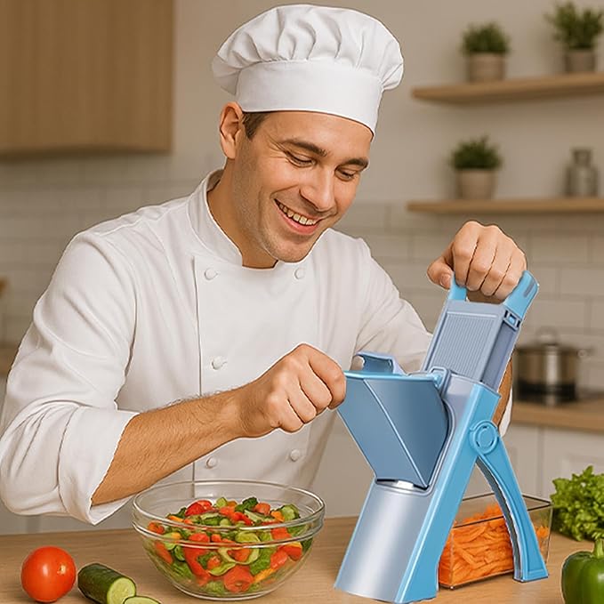 Upgrade Safe Mandoline Slicer for Kitchen, 5 in 1 Vegetable Chopper, Mandolin Potato Slicer with Thickness Adjuster, French Fry Cutter, Veggie Dicer Faster Kitchen Slicer for Meal Prep Blue