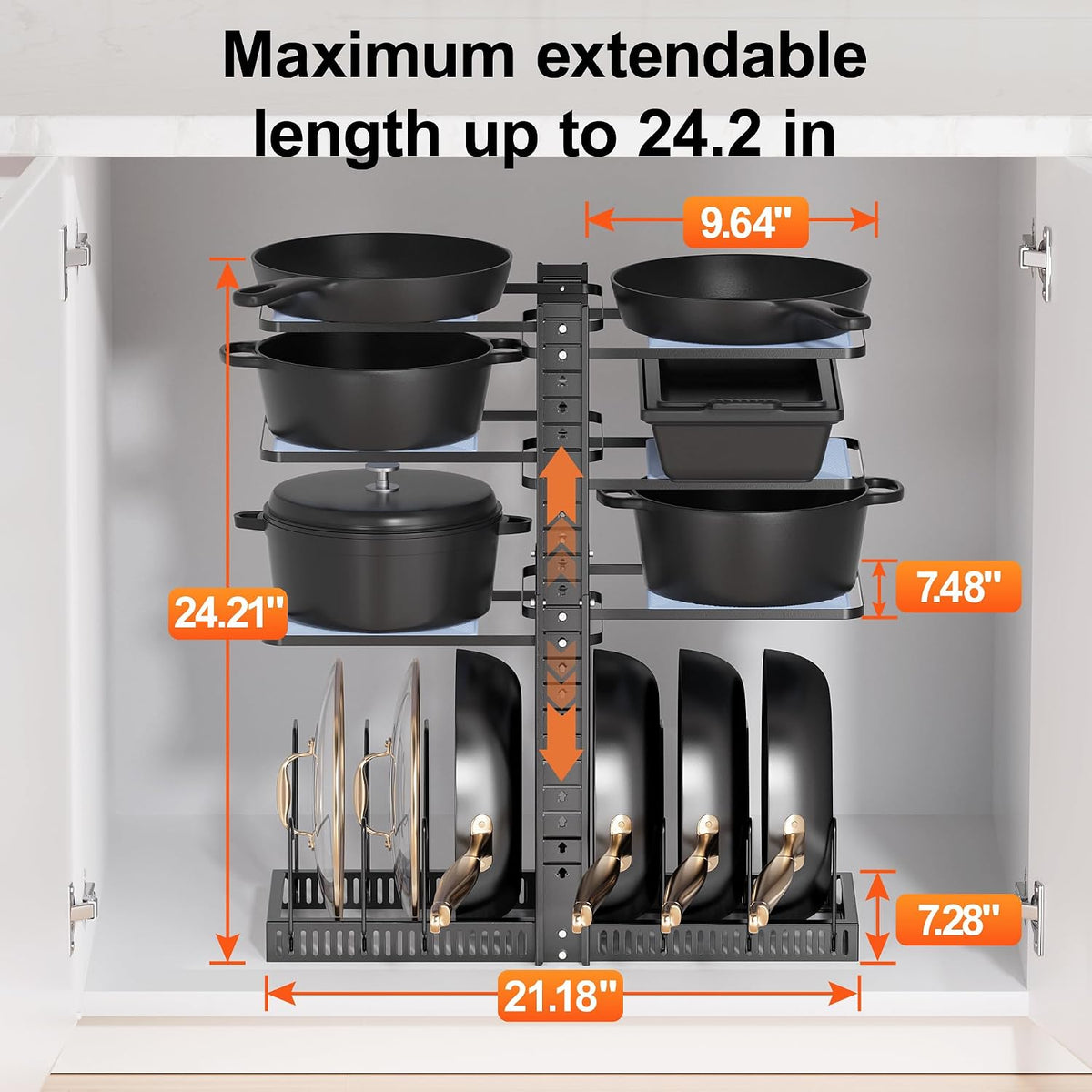 Pots and Pans Organizer under Cabinet, Kitchen Storage Rack, Black – close-up