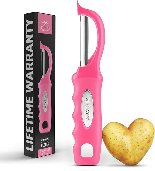 Zulay Kitchen Premium Vegetable Peeler for Kitchen - Swivel Peeler with Razor Sharp Stainless Steel Blades & Strong Ergonomic Handle - Dishwasher Safe, Easy To Use with Blemish Remover - Pink