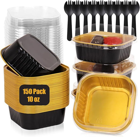 FORBFAN 150 Pack 10 oz Mini Square Cake Pans with Lids, Aluminium Foil Square Brownie Baking Cups, Disposable Ramekins Oven Safe