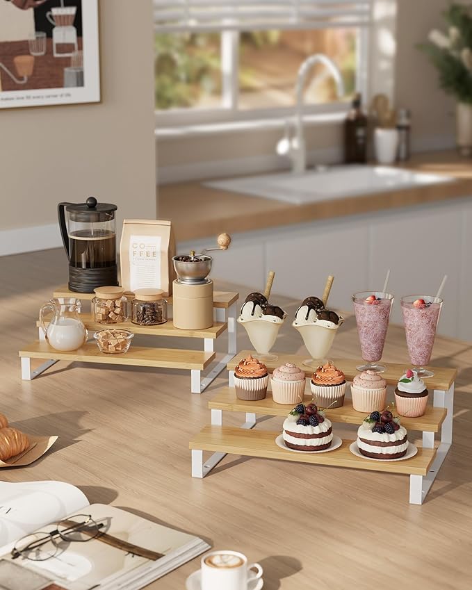 Spice Rack Set of 2 Tiered Display Risers, Natural Beige and Cloud White