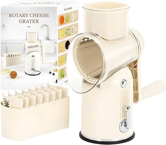 5-in-1 Manual Rotary Cheese Grater with Handle – Stainless Steel Replaceable Blades for Slicing, Shredding, Grinding & Wavy Cuts – Strong Suction Base, Blade Storage Box – White