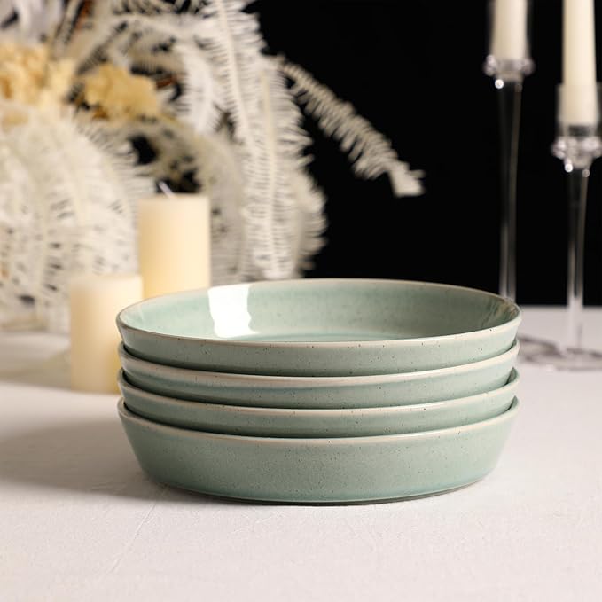 Stone Lain Claire 8-Piece Pasta Bowl Set Stoneware, Bowls, Dishwasher and Microwave Safe, Dish Set for 8, Green