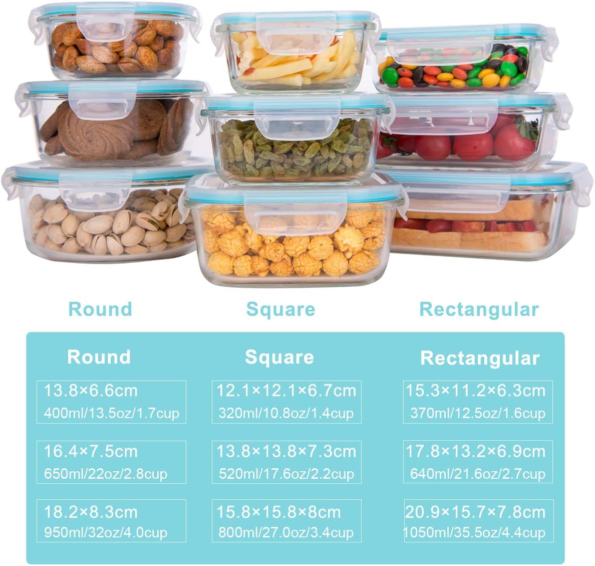 Glass Food Storage Containers with Lids 9 Pack, 3 Shape Airtight Set – detail