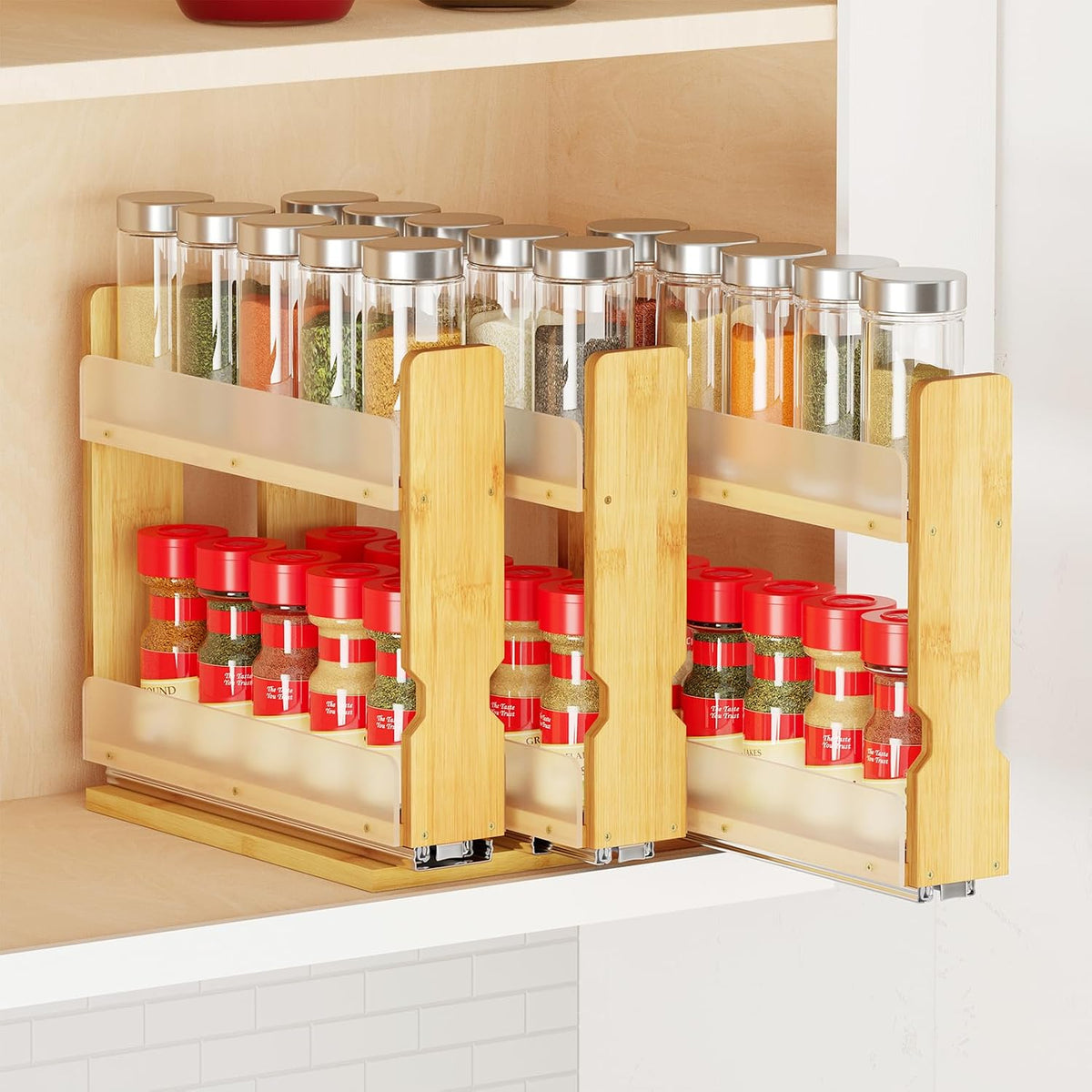 Bamboo Pull Out Spice Rack Organizer for Cabinet, Heavy Duty Slide Out