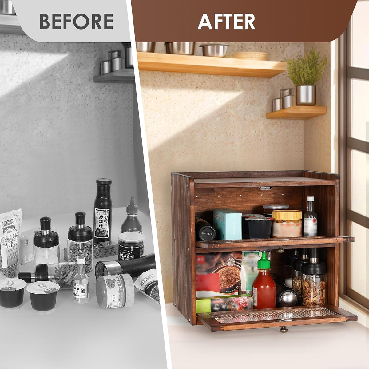 Bread Box for Kitchen Countertop Wooden Bread Storage Container Bin 2 Layer – set view