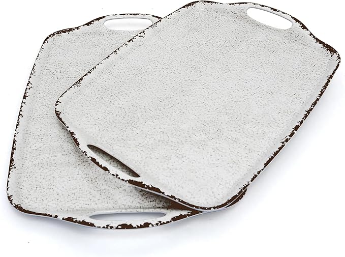TP Serving Trays with Handles, 17 x 12 Inch Melamine Serving Platters for Food, Meat, Set of 2 Rectangular Trays for Eating, Rustic White