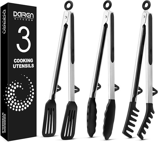 Kitchen Tongs for Cooking, 12 Inch Non Scratch Silicone Tip for Nonstick Cooking Pans, Food Grade Mini Serving Tongs, Pull Lock, Set of 3, Black