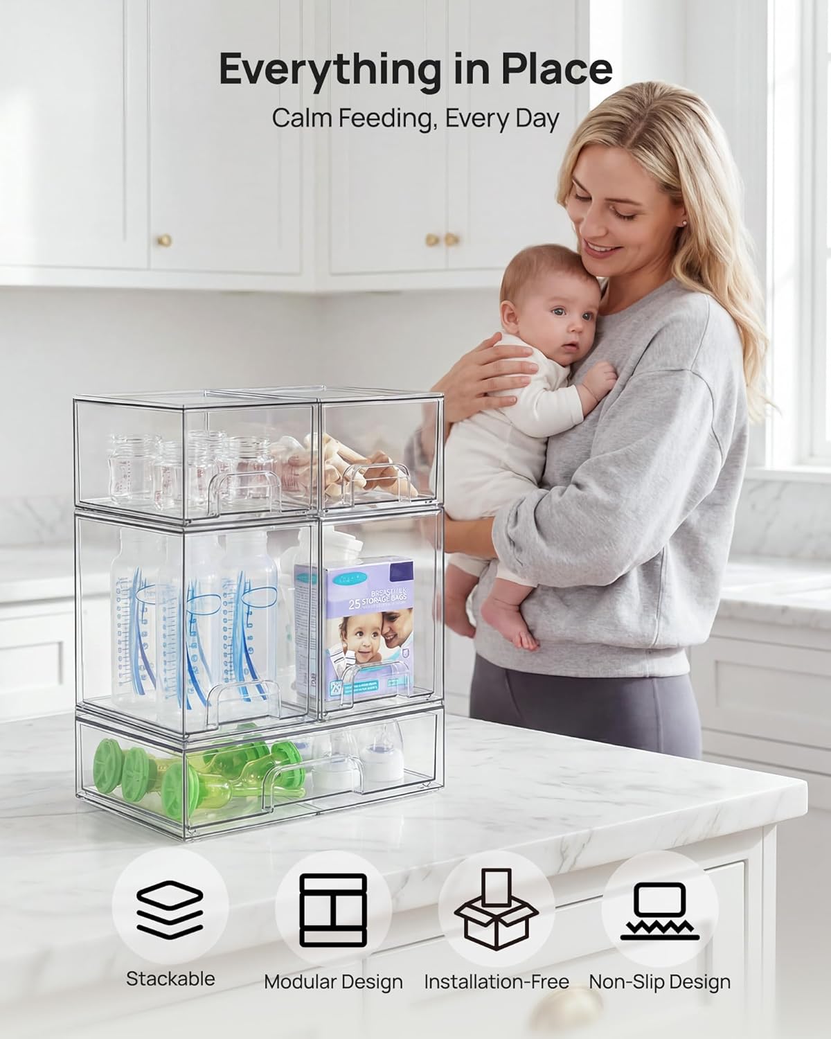 Clear Stackable Storage Drawers Set of 5, Plastic Organizer Bins – alternate view