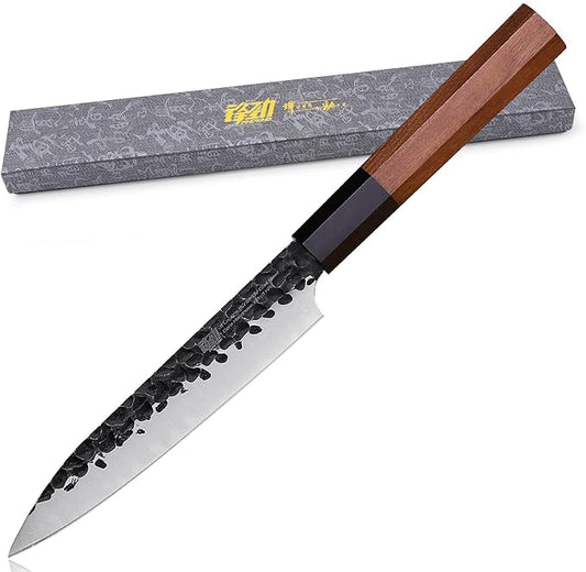 FINDKING Dynasty Series Kitchen Utility Knife, Multi-Purpose Japanese Paring Knife, 9Cr18MoV High Carbon Steel Blade, African Rosewood Octagonal Handle, Small, for Fruits Vegetables, 5 Inches
