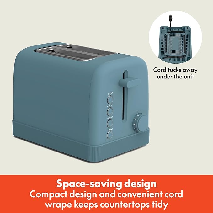 bella 2 Slice Toaster, 6 Setting Shade Control w Reheat, Cancel, Bagel & Defrost Buttons, Removable Crumb Tray, Anti Jam & Auto Shutoff, Auto Centering Guides & Cord Wrap, 900 Watt, Surf