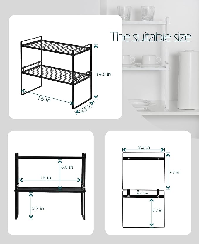 Stackable Steel Cabinet Shelf Organizer, 2-Pack, Rust Resistant, Black