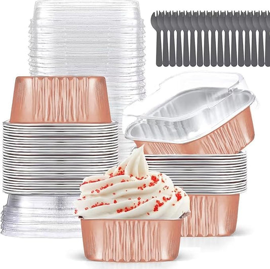 Mini Cake Pans With Lids (10oz,40 Pack) 4”x4” Aluminum Foil Square Cupcake Liners Brownie Baking Cups, Disposable Large Cupcake Pan, Jumbo Muffin Tin Ramekins Holders