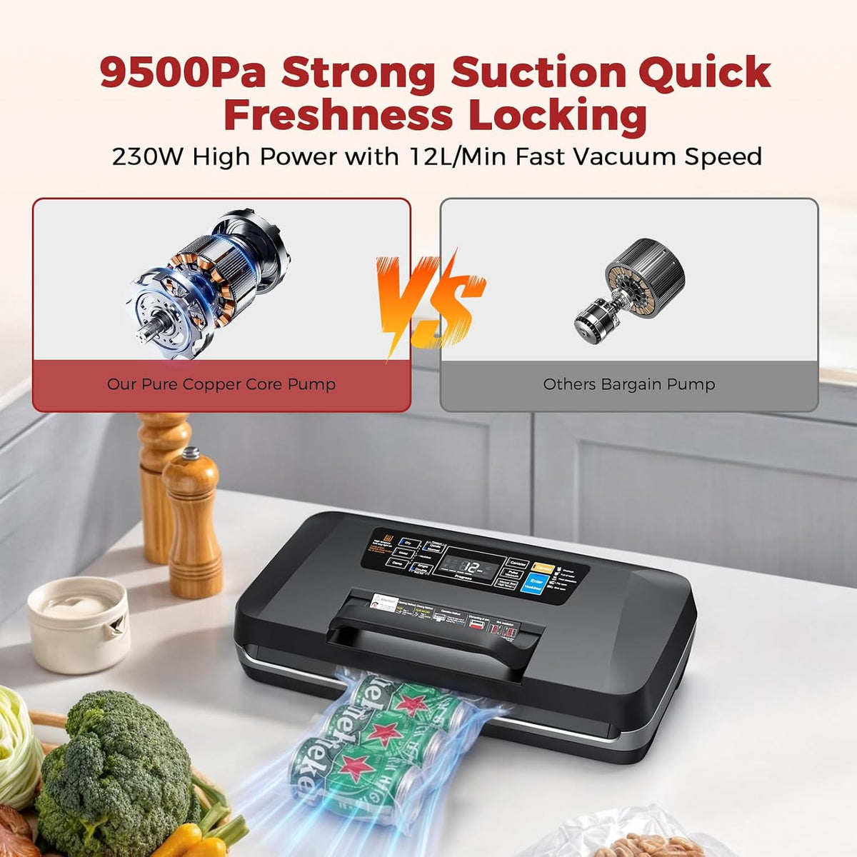Vacuum Sealer Machine, 230W 95KPa Food Sealer Built-in Cutter & Bag Storage – detail