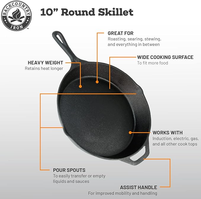 Backcountry Iron 10-1/4 Inch Round Medium Pre-Seasoned Cast Iron Skillet
