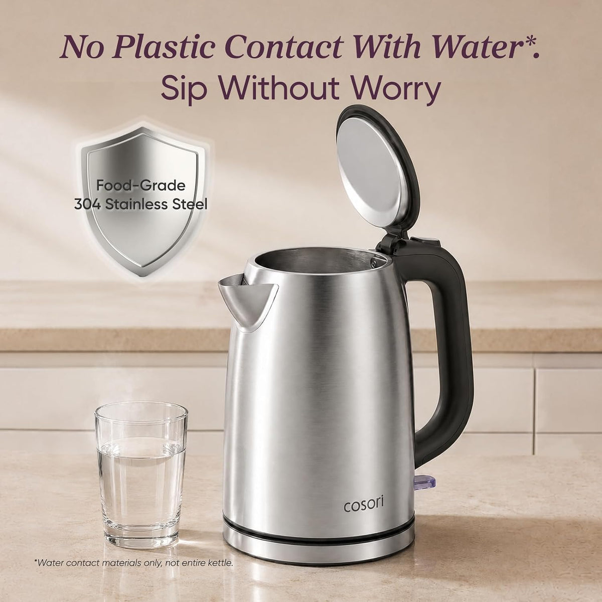 Stainless Steel Electric Kettle, No Plastic Contact with Water, 1.7L – detail