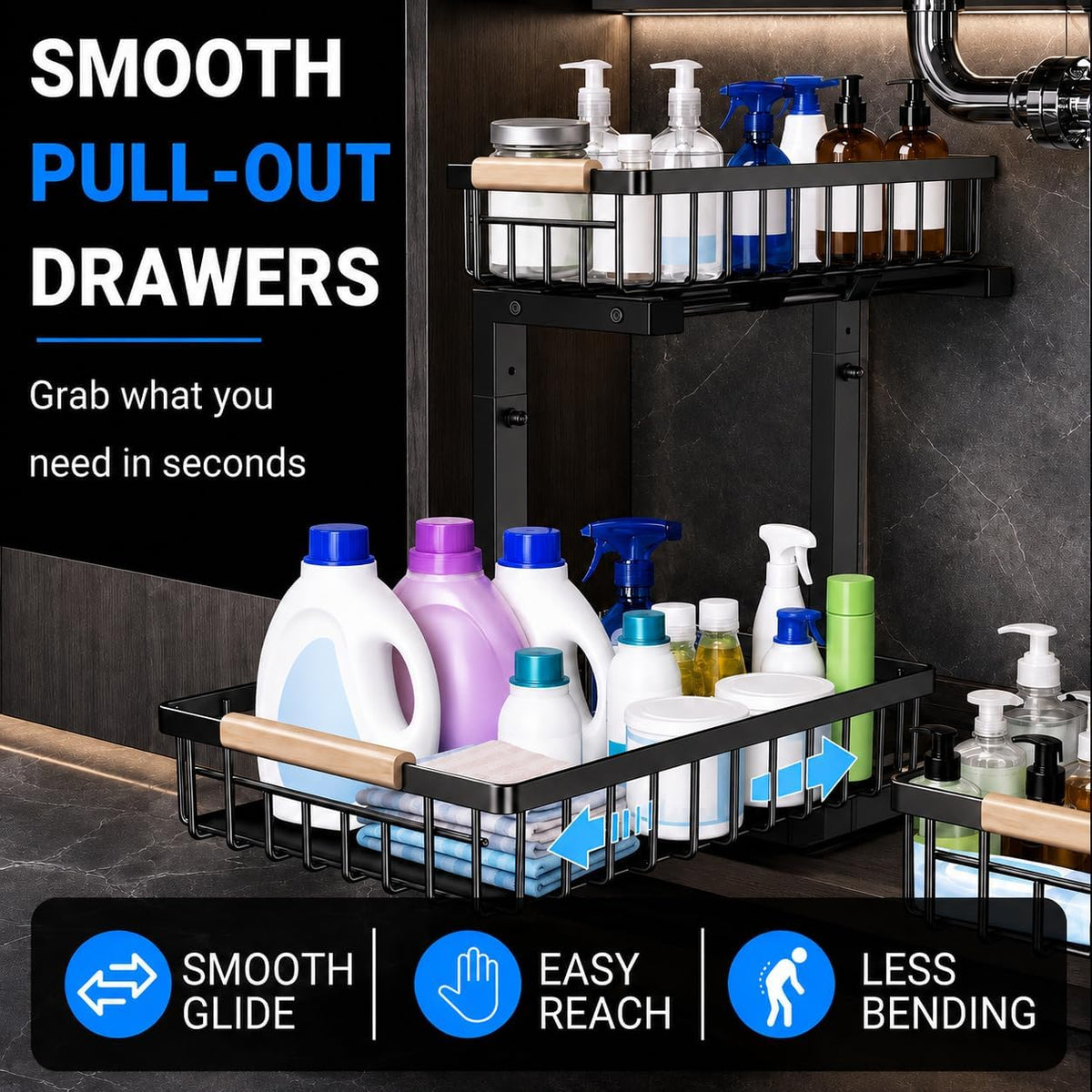 Under Sink Organizer 2 Pack, Double Slide Out Metal Shelf, Black – size reference