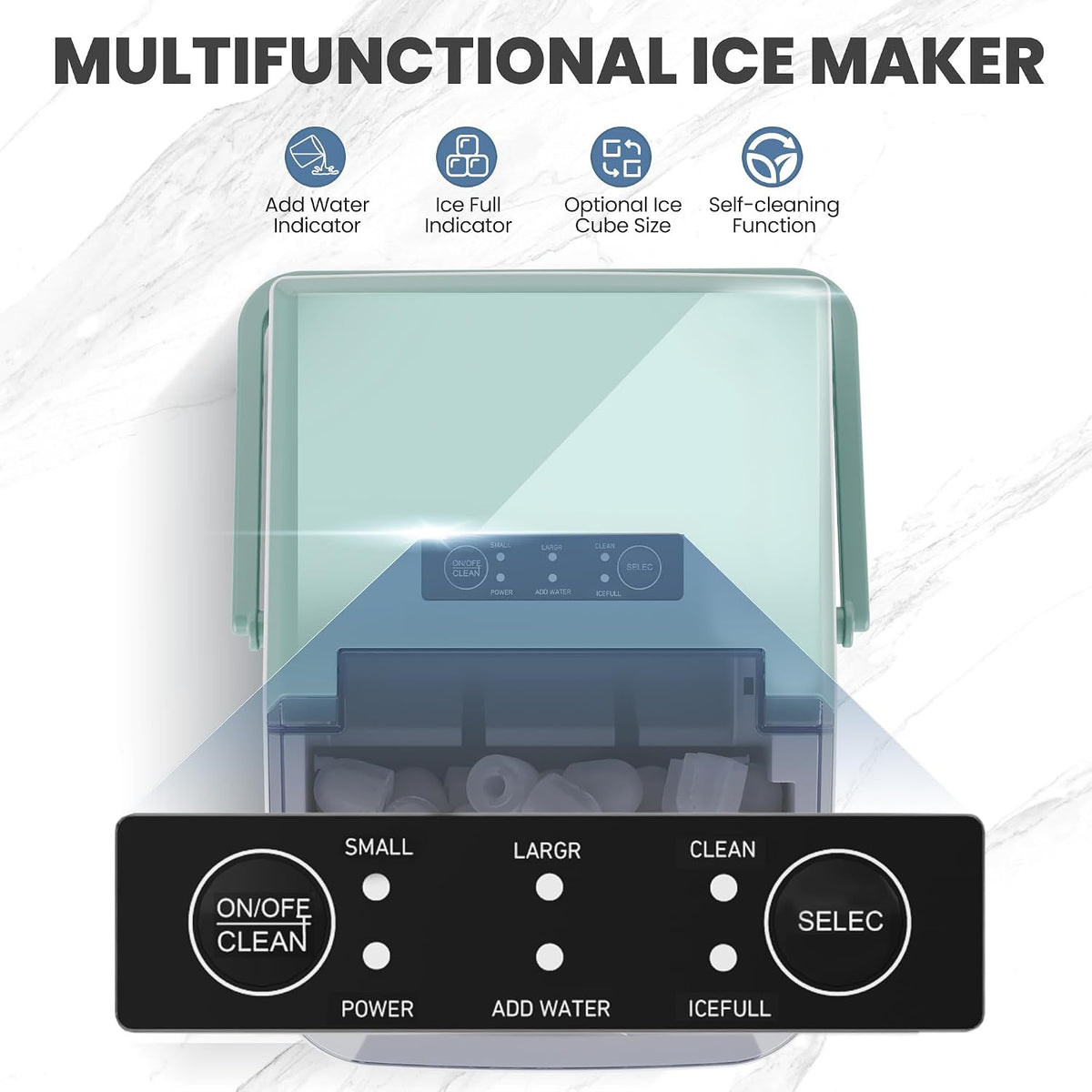 Countertop Ice Maker with Handle, 26lbs/24H, Makes 9 Bullet Cubes in 6 Mins – detail