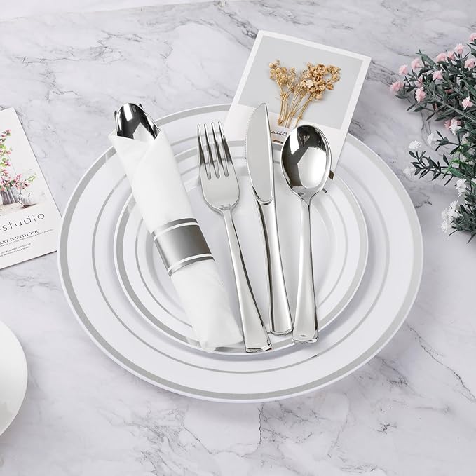 Plates Set with Silver Rim, White Plastic, 10.25-Inch Dinner Plates