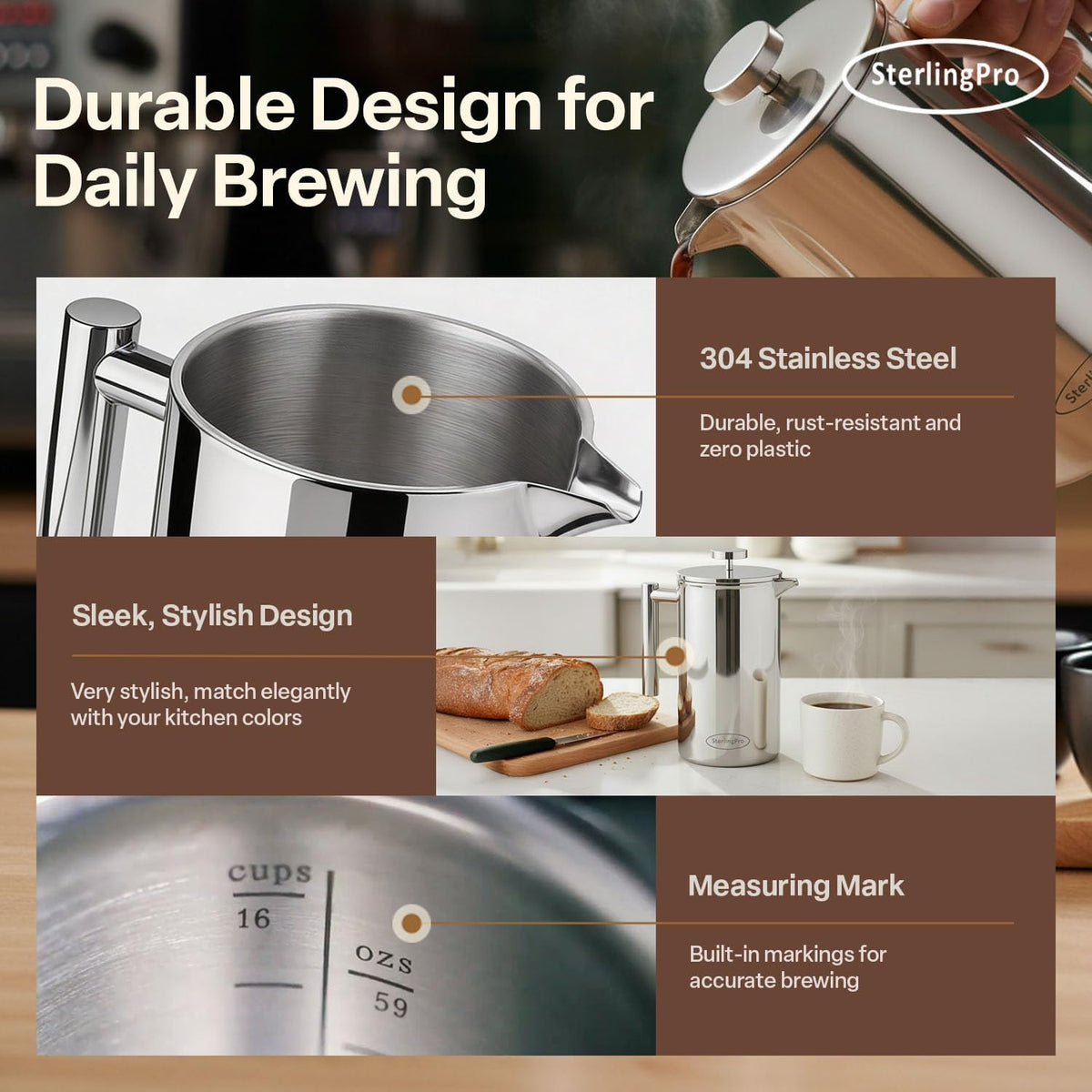 64oz Extra Large Non-Toxic Insulated Stainless Steel French Press Coffee Maker – size reference