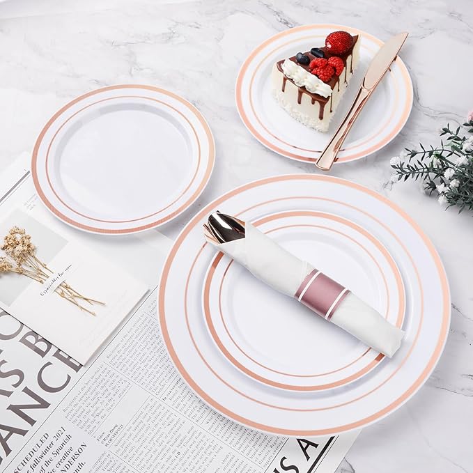 Plates Set, White with Rose Gold Rim, 10.25-Inch Dinner and 7.5-Inch Salad