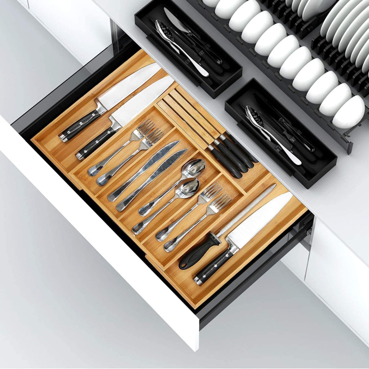 Bamboo Silverware Drawer Organizer, 7 Slots, Natural – size reference