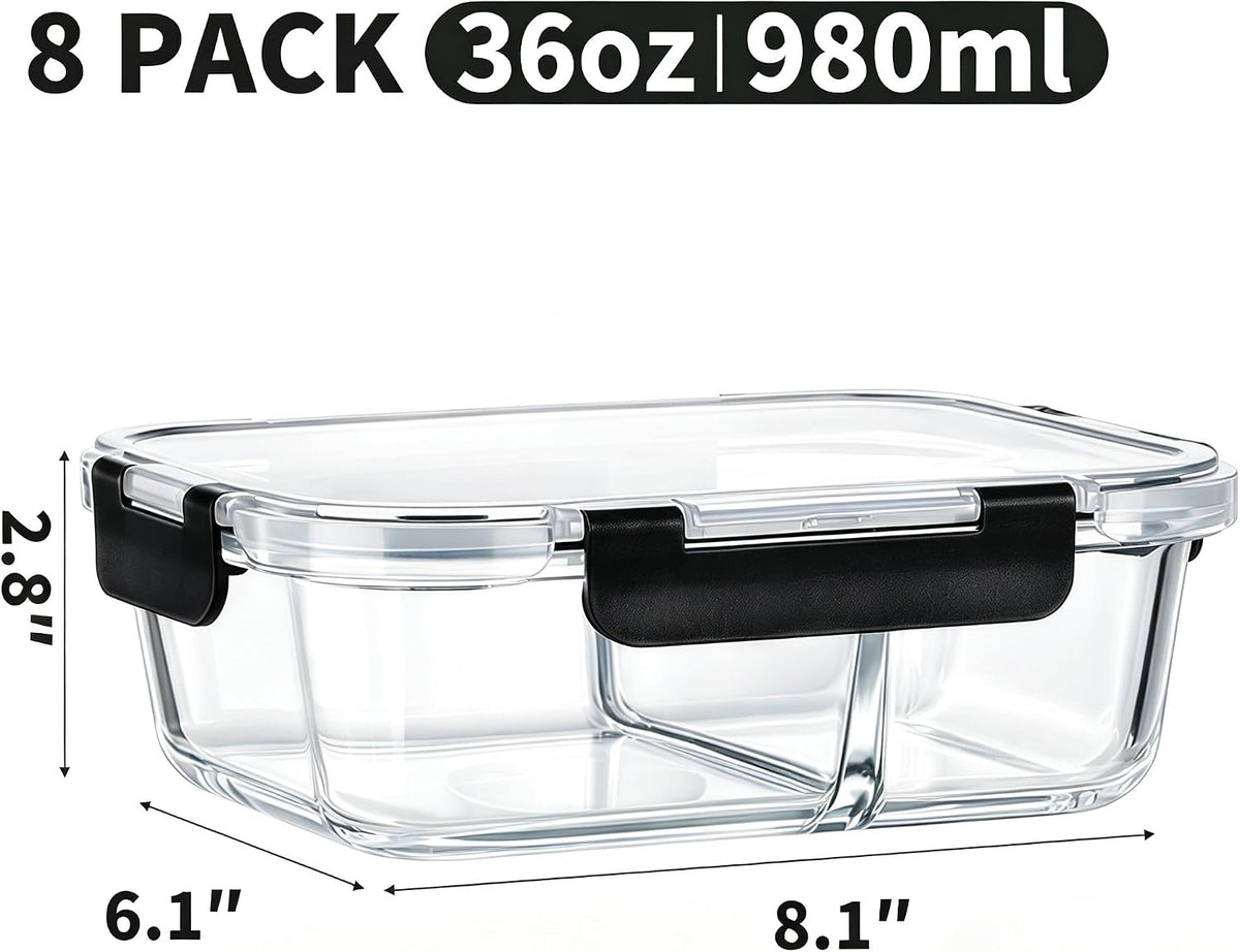 8 Pack 2 Compartment 36oz Borosilicate Glass Meal Prep Containers with Lids – close-up