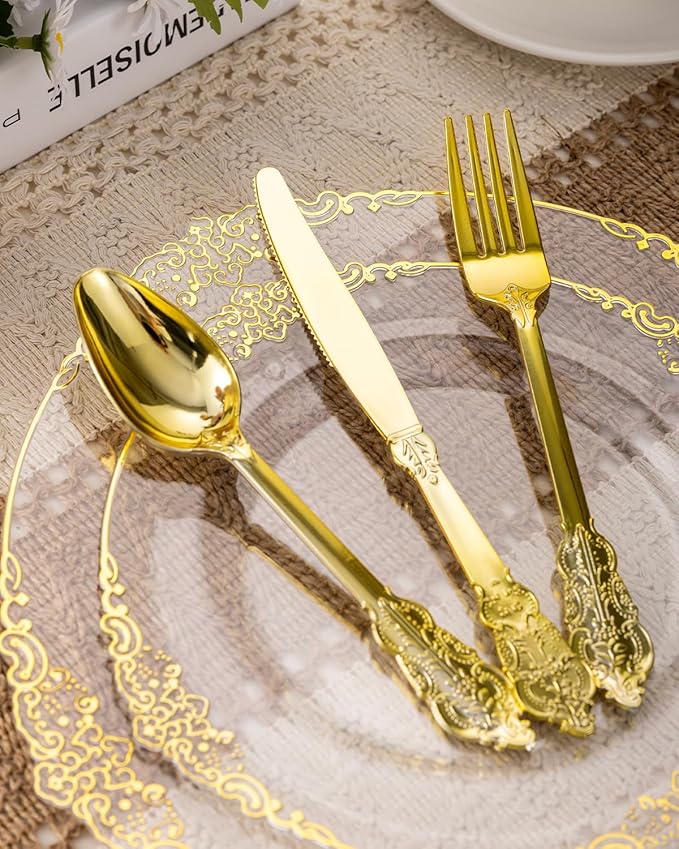 Disposable Plates Set, 350 Pieces, Clear Gold Trim for 50 Guests