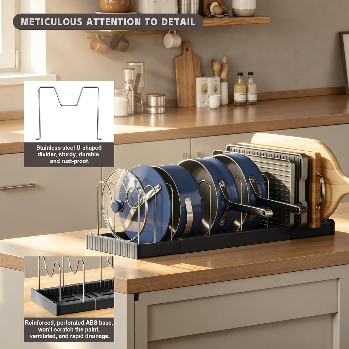 2 Pack Expandable Food Storage Container Lid Organizers, 22" Pots and Pans – features