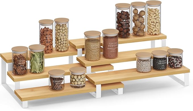 Spice Racks, 2-Piece Set, Beige and Black Engineered Wood Tiered Organizer