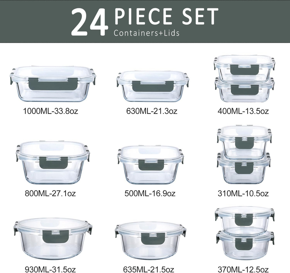 24 Piece Glass Food Storage Containers with Lids,Gray – detail