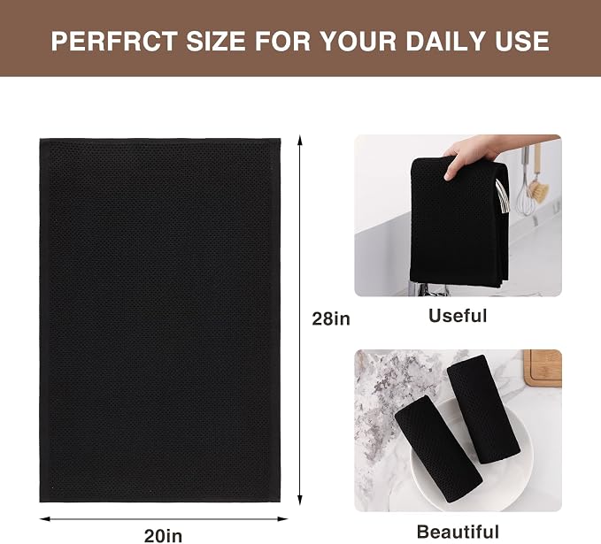 Dish Towels 12-Pack, 100% Cotton Waffle Weave, 20x28 Inches, Black