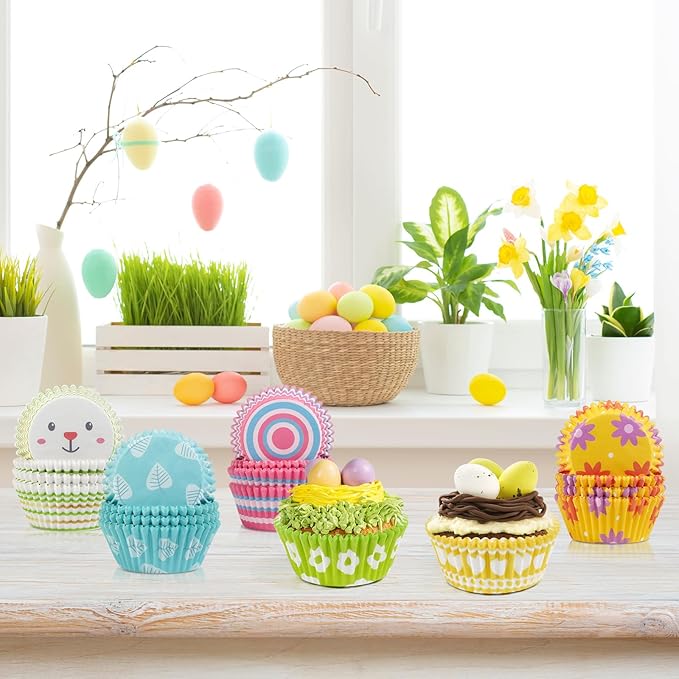 Baking Cups, 600 Pack Easter Paper Liners in 6 Bunny and Floral Designs