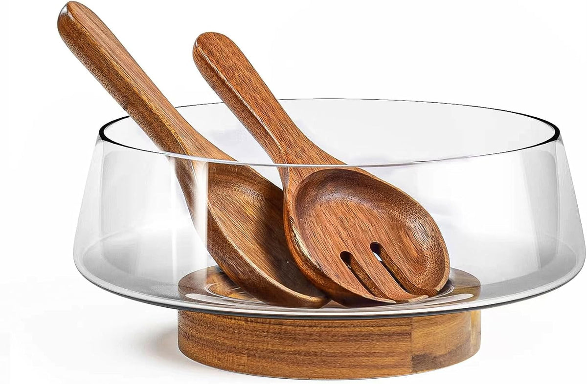 Extra Large Glass Salad Bowl Set - Party Salad Bowls with Acacia Wood Base