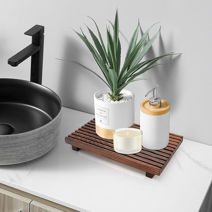 Soap Dish Tray Brown Pine Wood Riser for Bathroom Counter