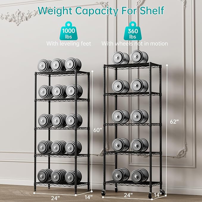 Standing Shelf Unit 5-Tier Black Metal Wire Rack with Wheels