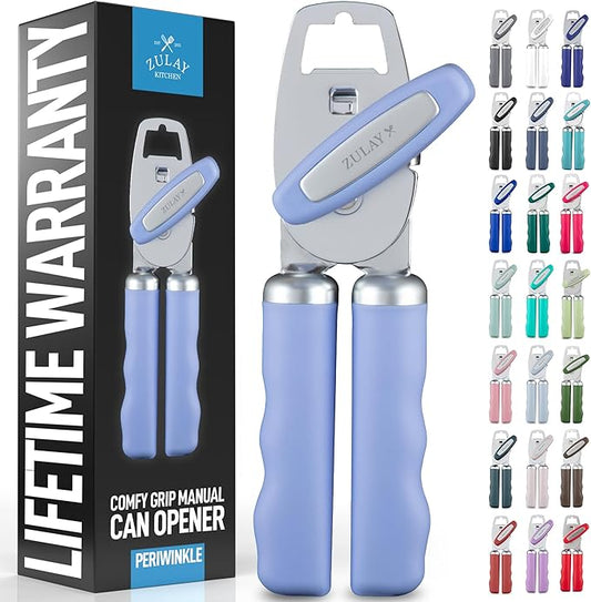 Zulay Kitchen Heavy Duty Stainless Steel Can Opener Manual with Bottle Opener - Rust Proof Manual Can Opener With Turn Knob & Comfy Soft Grip Handles - Periwinkle